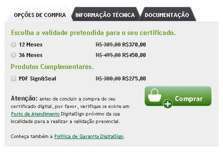 Página da certificadora apresentando o valor original rasurado e ao lado o valor com desconto